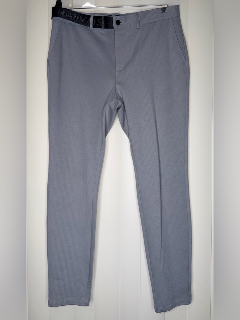 Mauvais Pants Mens 32x27 Gray Signature Studio Half Belt Slim Dress Trousers